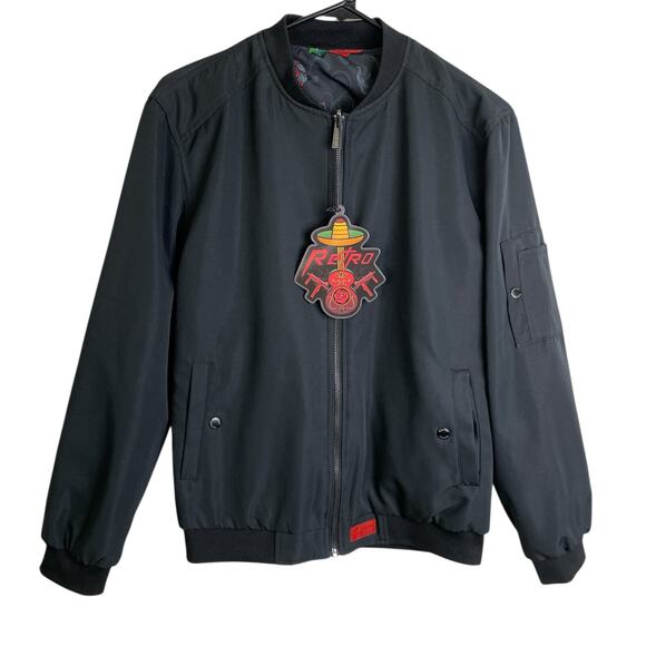Retro Rifle Fiesta Bomber Jacket XS Black Full Zip Reversible Red Floral NWT - Picture 3 of 11